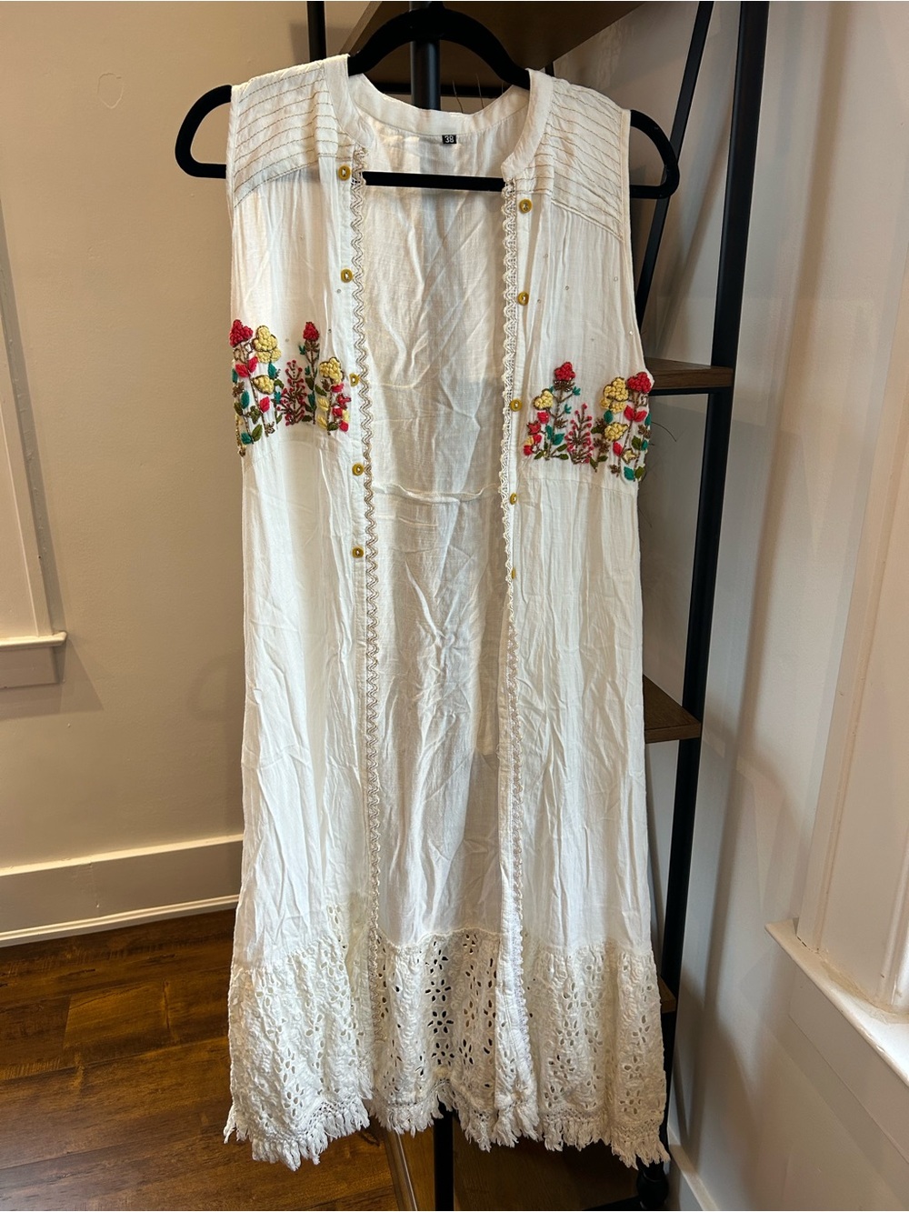 Boho Artisan Embroidered Duster with Lace Trim
